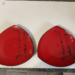 Kafuh Triangle Salad Sushi Plate Chinese Calligraphy Red Stoneware Set of 2